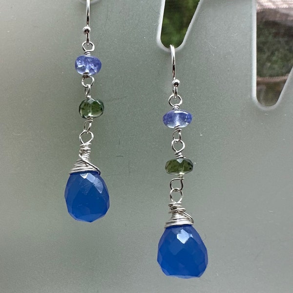 Summer fashion earrings, gorgeous blues and greens, dangle earrings, sterling silver jewelry, 1 3/4” long, sparkly elegant earrings, luxe
