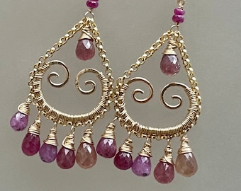 Handmade Sapphire Gold Filled Earrings: Wire Wrapped Ruby Accents