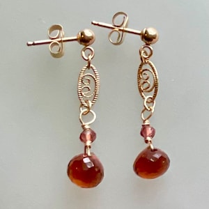 Garnet and gold filled drop earrings, dangle earrings, gold filigree, one inch in length, aaa luxe garnet gemstone earrings, spring fashion