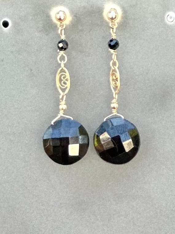 Black spinel gemstones, 14k gold filled earrings. Wednesday collection!