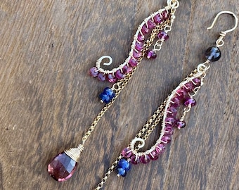 Gemstone Drop Earrings: 14k Gold Filled, Tourmaline & Garnet, 4" Long