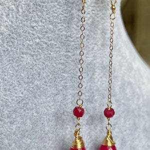 Dangle earrings, 14k gold filled and rose gold, chalcedony and spinel gemstone earrings, 2 3/4 inches long; wire wrapped earrings
