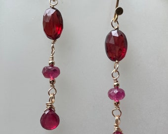 Garnet and Sapphire 14k Gold Filled Dangle Earrings