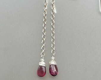 Pink tourmaline drops, sterling earrings, wire wrapped earrings, 2 1/2” in length