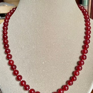 Red Jade Gemstone Necklace: Silk Knotted, Sterling Silver Clasp (20 inch)