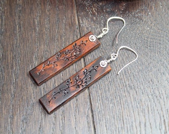 Sterling Silver Earrings, Cocobolo Wood dangle Earrings, Flower Earrings, Pendant Earrings, Mother's day Gift, Gift for her