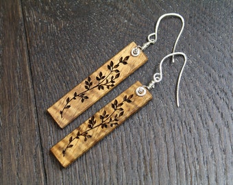 Sterling Silver Koa Earrings,  Wood dangle Earrings, Flower Earrings, Pendant Earrings, Mother's day Gift, Gift for her