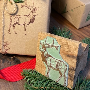 Timbro di renna, timbro di gomma di Natale, timbro di cervo, timbro di etichetta invernale, etichette festive personalizzate