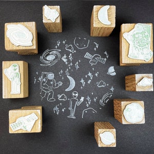 Conjunto de sellos espaciales, sellos alienígenas, sellos del espacio exterior, sellos de goma espaciales, naves espaciales, conjunto de naves espaciales, conjunto de regalos espaciales, sello de astronauta