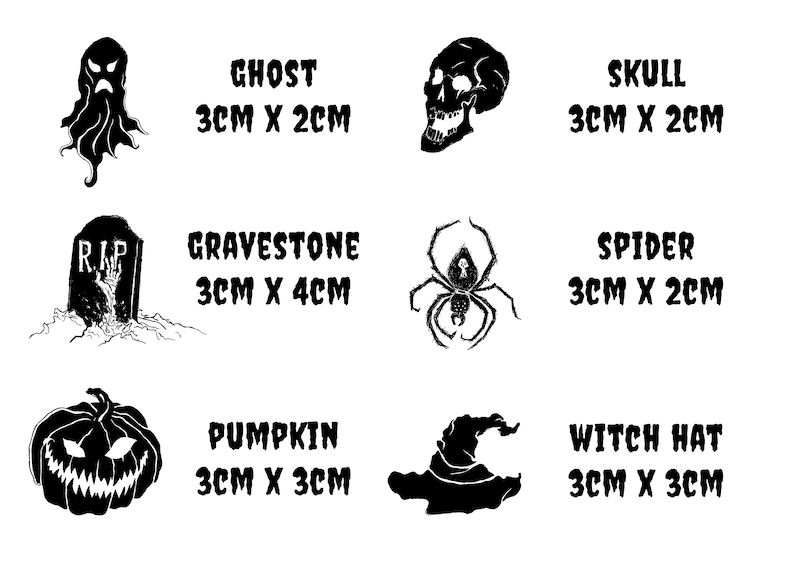 Pu&ograve; includere: Illustrazioni in bianco e nero a tema Halloween: fantasma, teschio, ragno, zucca, cappello da strega e lapide. Ogni disegno ha dimensioni in centimetri.