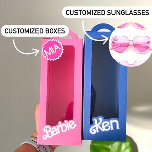 Birthday party sunglass favors, sunglass favor boxes, doll birthday favors, heartshaped pink sunglasses, customized pink boxes, personalized