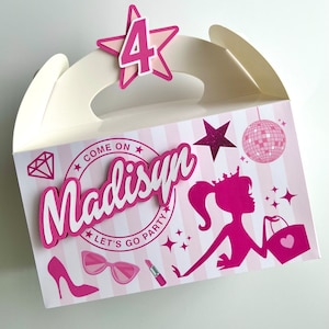 Doll favor boxes, pink glam party favors, fashion doll gable boxes, hot pink favor boxes, princess cake boxes, doll birthday decor