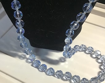 SALE ! Beautiful Long Vintage faceted Blue glass beaded necklace - rhinestone clasp  - 34 inches - jewelry - estate