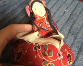 SALE ! Vintage Russian Lady Pincushion - figural - novelty  - cloth  - sewing - estate