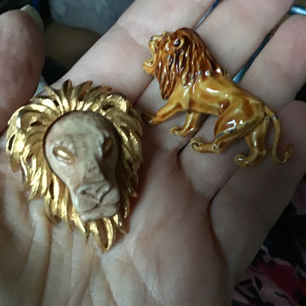 SALE ! 2 Vintage Lion Pins - - Razza - enamel - brooch - figural - animal - designer - signed - jewelry - estate