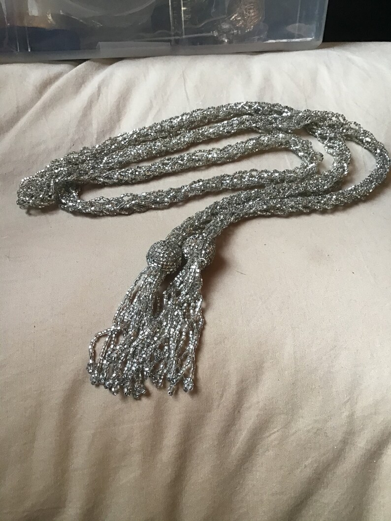 Antique Art Deco Glass bead Necklace Sale tassels jewelry Flapper Estate silver long 48 inches