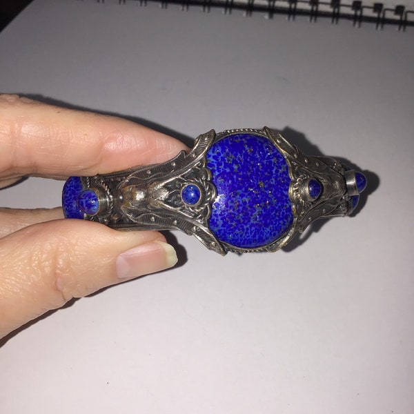 Sale ! Antique Bracelet - Filigree - Blue stones - Bangle - Art Nouveau - Chunky - Vintage - Lapis - Jewelry - Estate