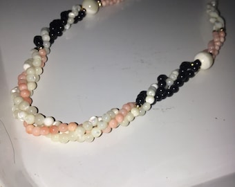 SALE ! Vintage Mother of pearl Coral & black onyx  Beaded Necklace - 3 strand - jewelry - estate