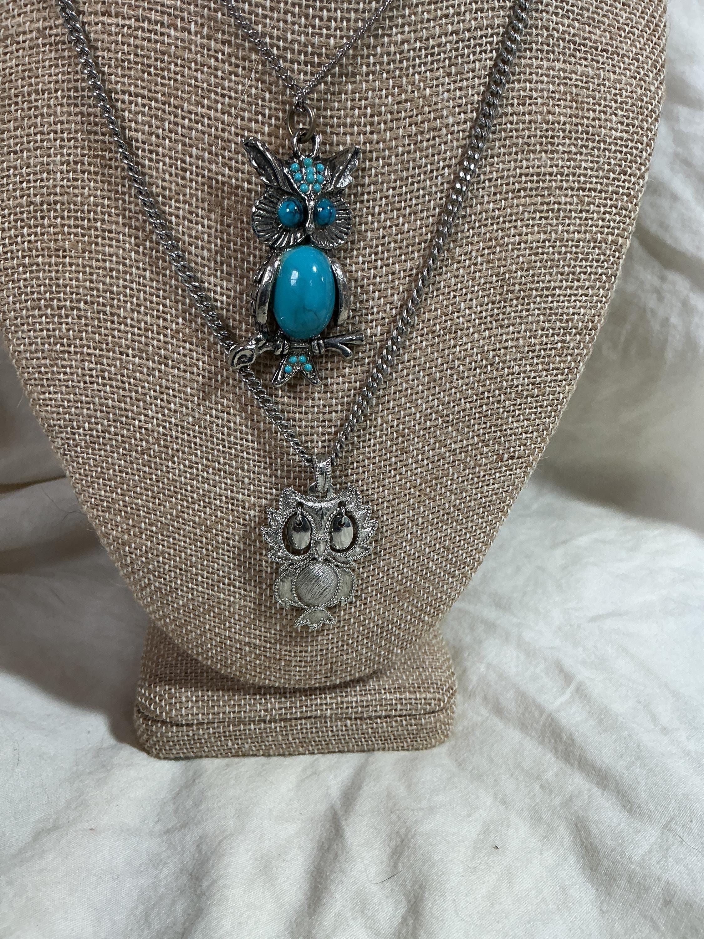 SALE !  2 Vintage Owl Pendant Necklaces - 1960&rsquo;s - 1970&rsquo;s - lot  - jewelry - estate