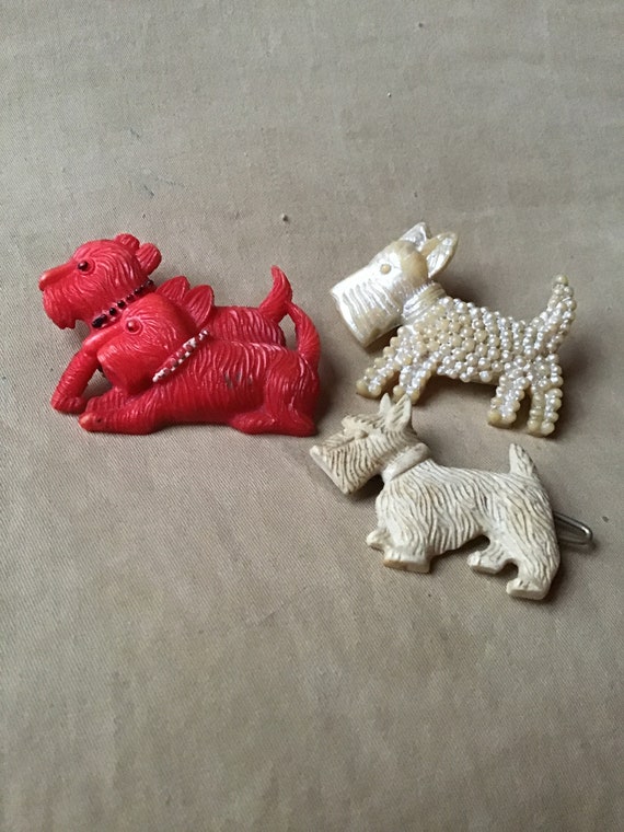 SALE ! 3 Antique Celluloid Scotty Dog pins & Barre