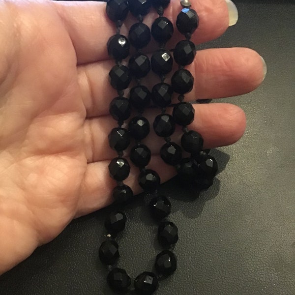 Sale ! Vintage hand knotted black glass beaded necklace - 30 inches - faceted  - mourning -  jewelry - estate