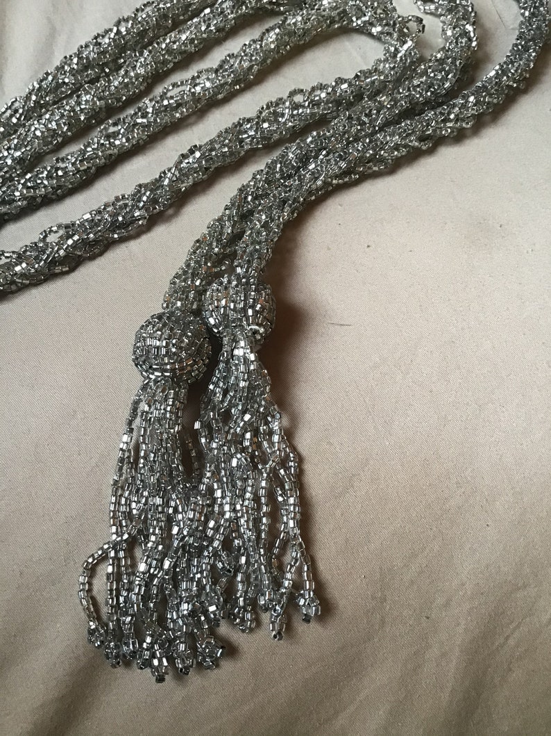 Antique Art Deco Glass bead Necklace Sale tassels jewelry Flapper Estate silver long 48 inches