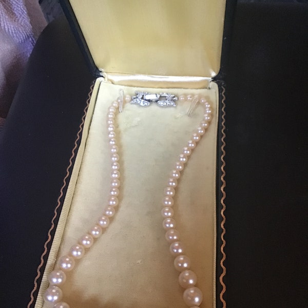 SALE ! Vintage Crown Trifari Faux pearl necklace - unused - in box - designer - signed - rhinestone clasp -  jewelry - estate