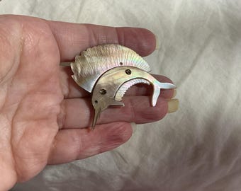 SALE - Vintage Carved Mother of pearl Sword fish brooch - pin - shell - summer - beach - tropical  - jewelry - estate