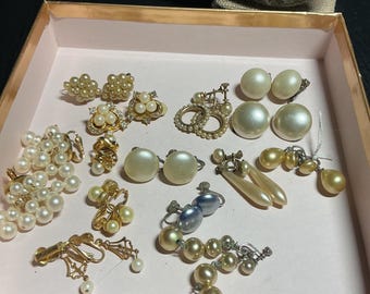 SALE - 14 Pairs Vintage Faux Pearl Earrings - mid century - clip on - screw back  - dangle  - lot - jewelry  - estate