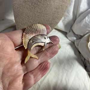 SALE - Vintage Carved Mother of pearl Sword fish brooch - pin - shell - summer - beach - tropical  - jewelry - estate