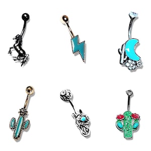 May include: Six different belly button rings with various designs. The designs include a horse, a lightning bolt, a crescent moon, a cactus, a flower, and a hand.