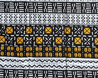 OSTATNI ELEMENT - Afrykańska tkanina woskowana z Burkina Faso - Idealna na dodatki i odzież - Geometryczny wzór w odcieniach bieli, czerni i żółci