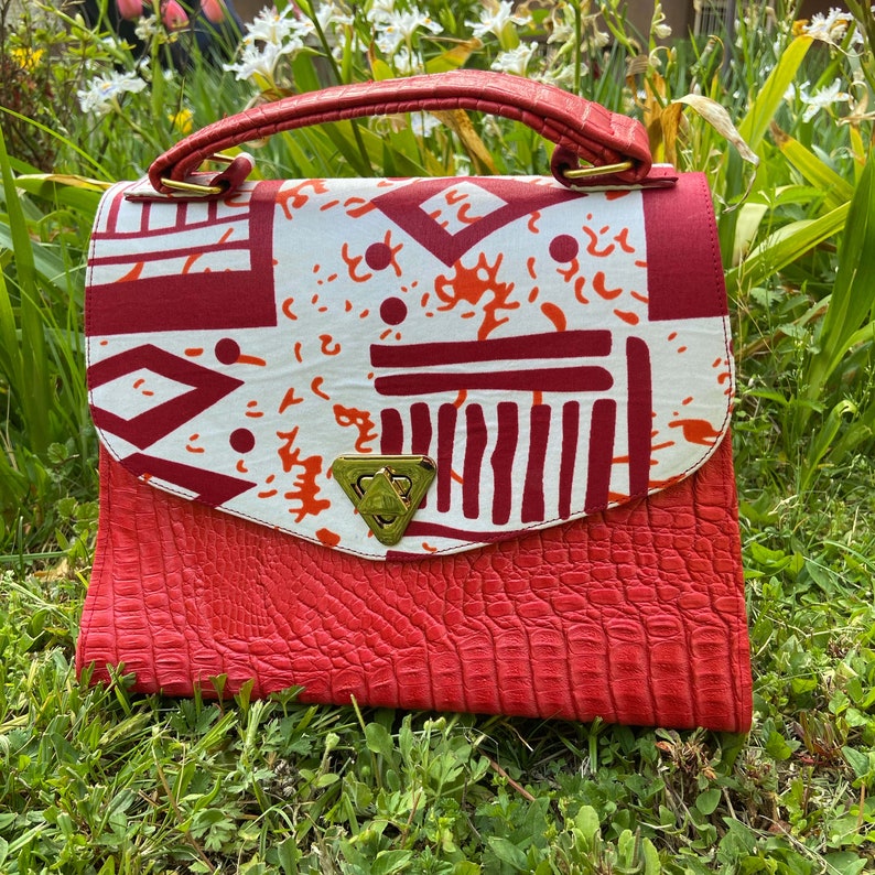 Handcrafted handbag in WAX fabric and synthetic leather / produced in Ivory Coast / women's bag in synthetic leather and wax fabric image 1