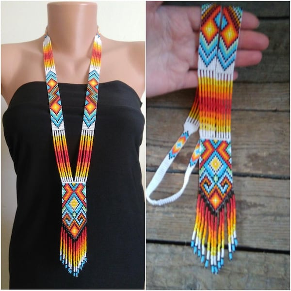 Tribal ethnic beaded necklace, Long white necklace, Bright bead woven Necklace, Bead loom necklace, Handmade, Bedwork jewelry, Gift idea