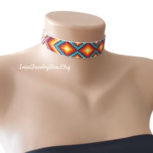 Bead loom choker, Ethno necklace, Unisex beaded choker, Turquoise-White Seed bead choker necklace, Tribal choker, Beadwork jewelry, Handmade