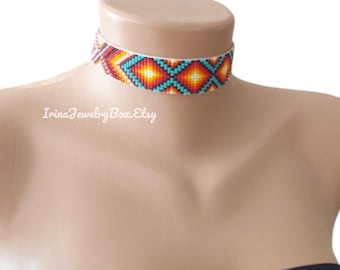 beaded Turquoise-White Seed bead choker necklace, Beadloom Ethno necklace, Unisex  Beadwork jewelry, Handmade