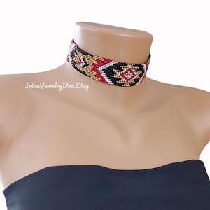 Beaded choker necklace, Red gold black white seed bead choker, Artisan beaded choker, Beadwork hand woven necklace, Handmade jewelry