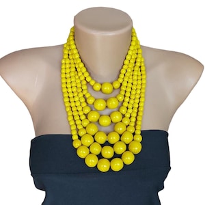 Yellow Wooden Bead Statement Necklace: Chunky Boho Jewelry