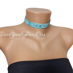 Baby Blue Seed Bead Choker: Loom Woven Necklace