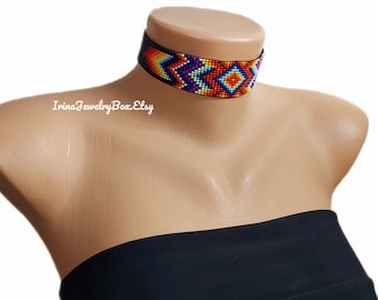 Artisan Beaded Choker: Colorful Loom Beadwork Necklace