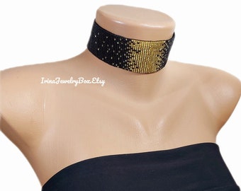 Sparkle gold - black  beaded choker, Wide choker necklace, Bead loom choker, Black - gold choker, Handmade necklace, Gift for her