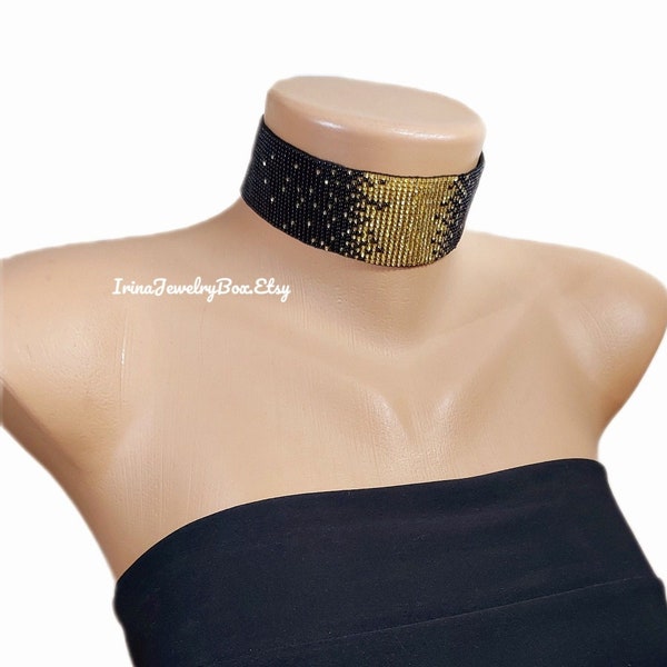 Sparkle gold - black  beaded choker, Wide choker necklace, Bead loom choker, Black - gold choker, Handmade necklace, Gift for her