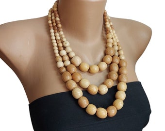Collana a tre file di legno, collana di dichiarazione per le donne, collana di perline di legno, collana di perline di legno, gioielli Eco