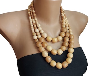 Wooden three-row beaded necklace, Statement Wood bead necklace, Neutral color, Eco jewelry
