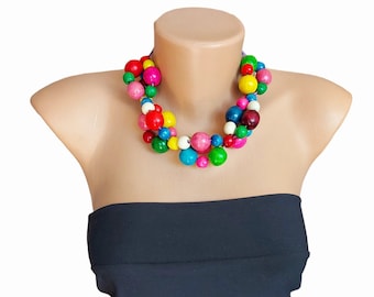 Colorful Chunky wooden necklace, Rainbow wooden necklace for women, Chunky wood beads necklace, Beaded Statement jewelry, Eco friendly