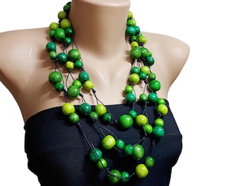 Green mix wooden necklace,layered necklace, Wood bead necklace,Big bead necklace,Chunky necklace, Statement necklace,Eco jewelry for women