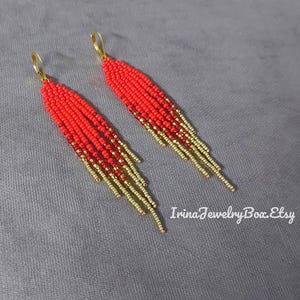 Red gold colors beaded earrings, Beads fringe earrings, 4 inch red seed bead earrings, Hand made earrings, Jewelry for women, Gift for her