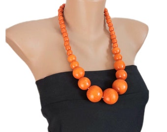 Hot orange Big bold  necklace,Wooden necklace,large beads necklace,Orange Chunky wood beads necklace,Beaded Statement necklace,Eco jewelry