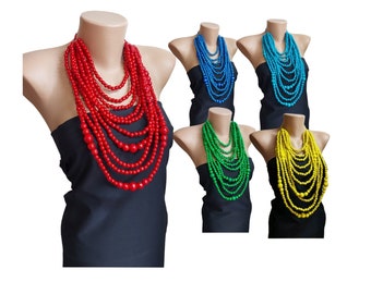 Meerstrengige ketting van houten kralen, rood/geel/blauw/groen/zwart meerlaagse ketting, statement ketting, ketting van houten kralen