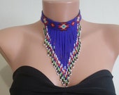 Native american beaded choker necklace,Blue Bead choker,beadwork necklace,fringe necklace,Seed bead choker necklace native american style
